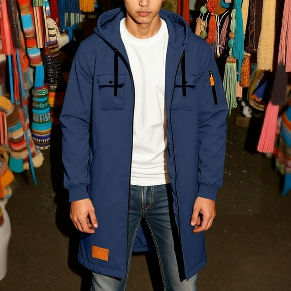 Men Long Hooded Jackets Solid Zipper Pockets Long Sleeve Mid Length Coat Loose Casual Outwear Coats Navy M
