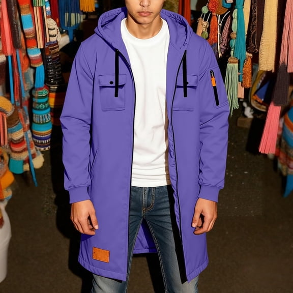 Men Long Hooded Jackets Solid Zipper Pockets Long Sleeve Mid Length Coat Loose Casual Outwear Coats Purple 3XL
