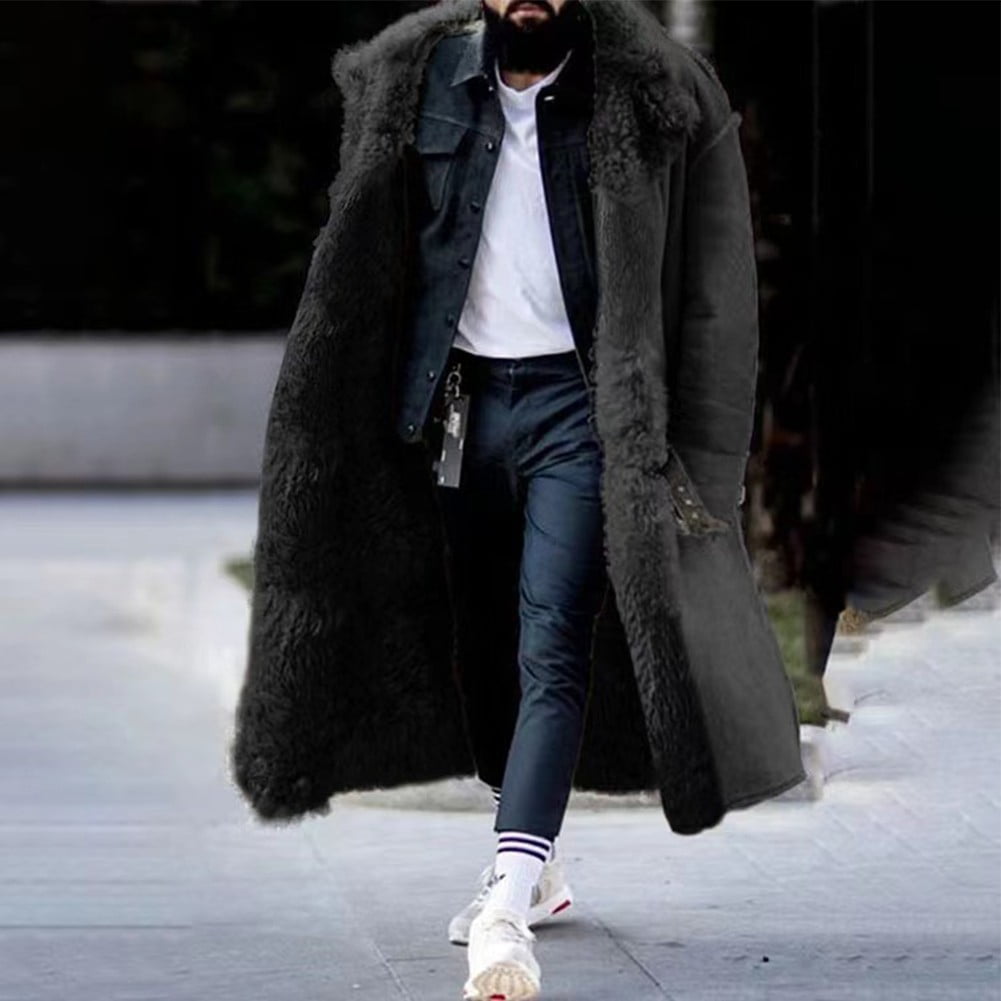 Men Long Jacket Keep Warm Button Thicken Fleece Coat Winter Long Parka ...