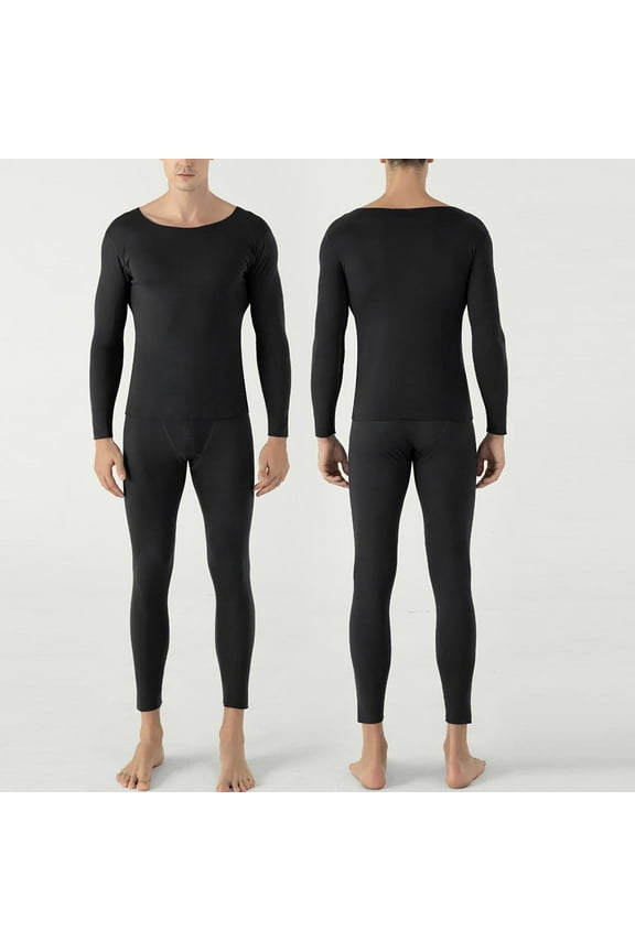 Men Long Johns Thermal Set,Thermal Underwear Round Neck Slim Two-Sided Bottoming Shirt Clothes Pants Set Black XL