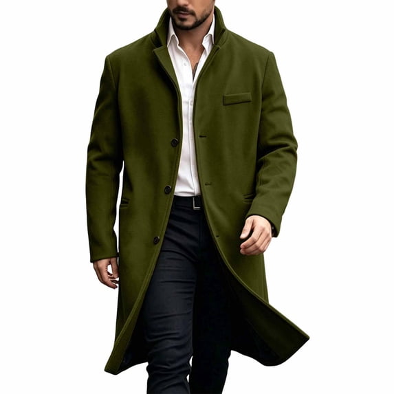 Men Long Overcoat Lapel Collar Button Front Oversized Jacket with Pocket,Warm Windproof Fall Winter Daily Casual Comfy Wear,Green,M