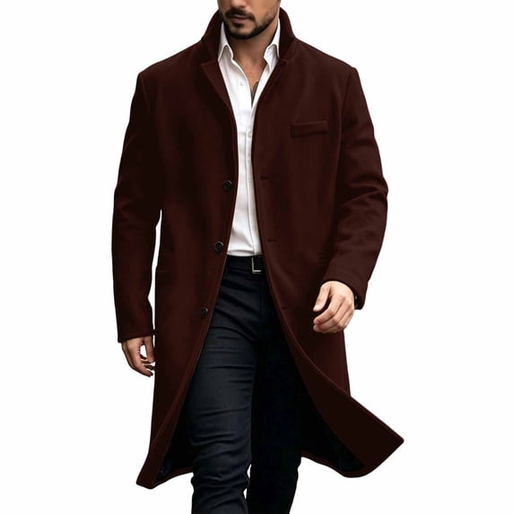 Men Long Overcoat Lapel Collar Button Front Oversized Jacket with Pocket,Warm Windproof Fall Winter Daily Casual Comfy Wear,Red,XL