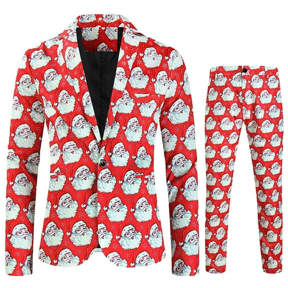 Men Long Sleeve Casual Button Christmas Printed Suit Jacket Two piece Set Holiday Festive Theme Funny Suits