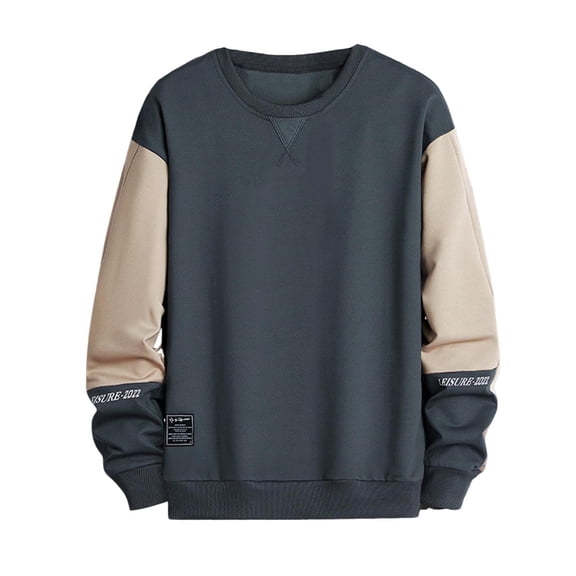 Men Long Sleeve Crewneck Sweatshirt Nylon Pullover Contrast Color Patchwork Casual Tee Streetwear Style Top