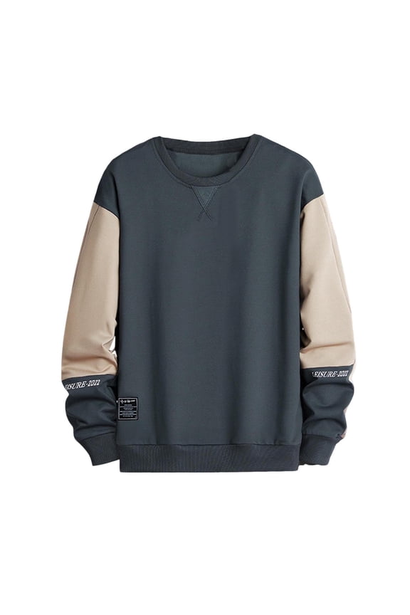 Men Long Sleeve Crewneck Sweatshirt Nylon Pullover Contrast Color Patchwork Casual Tee Streetwear Style Top
