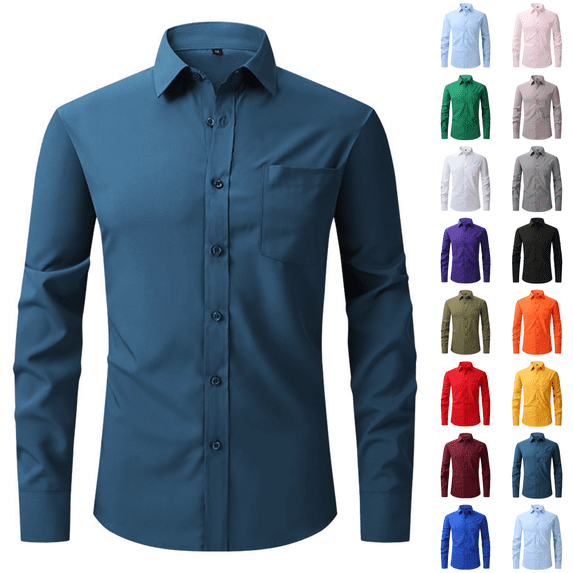 Men Long Sleeve Dress Shirt - Regular Fit Stretch Free-Wrinkle Casual Button Down Shirt Blue 2XL