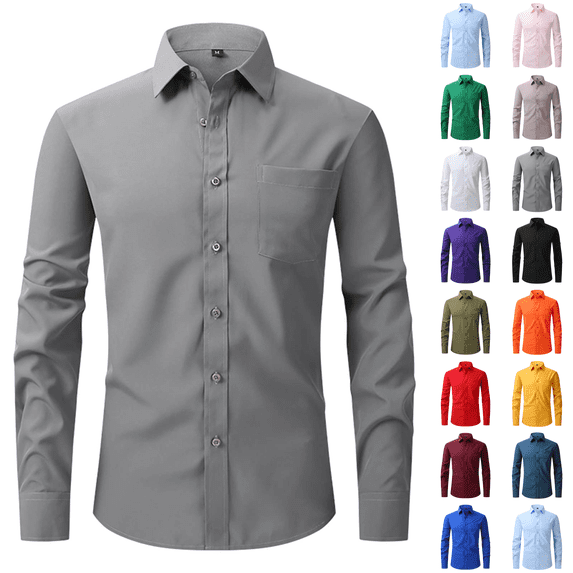 Men Long Sleeve Dress Shirt - Regular Fit Stretch Free-Wrinkle Casual Button Down Shirt Dark Gray XL
