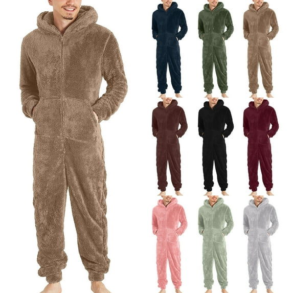 Men Long Sleeve Hooded Jumpsuit Pajamas Casual Winter Warm Rompe Sleepwear Pink qILAKOG Size XXXXXL