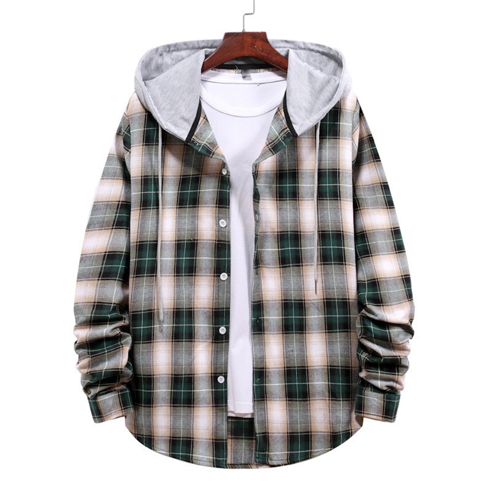 Men Long Sleeve Quilted Lined Flannel Shirt Jacket with Hood Button ...