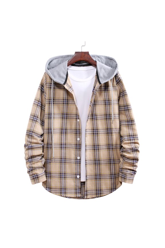 Men Long Sleeve Quilted Lined Flannel Shirt Jacket with Hood Button-Down Flannel Plaid Hoodie Shirt Lightweight Jacket