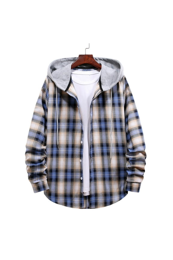 Men Long Sleeve Quilted Lined Flannel Shirt Jacket with Hood Button-Down Flannel Plaid Hoodie Shirt Lightweight Jacket