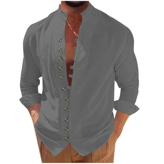 Men Long Sleeve Shirt Button Down Loose Fit Vintage Banded Collar High Elastic Casual Sports Beach Top
