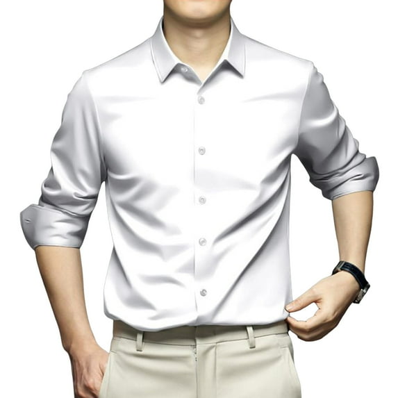 Men Long-Sleeve Shirt Lapel Tuxedo Slim Fit Solid Color Button-down Suit Shirt Breathable Business Shirt Top for Wedding Party Prom