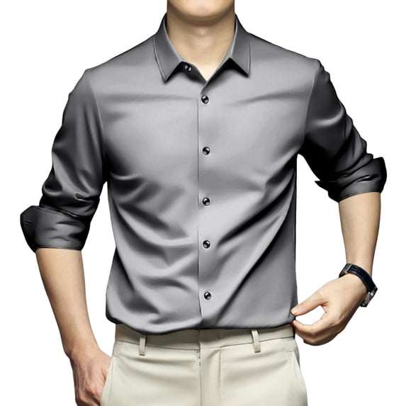 Men Long-Sleeve Shirt Lapel Tuxedo Slim Fit Solid Color Button-down Suit Shirt Breathable Business Shirt Top for Wedding Party Prom