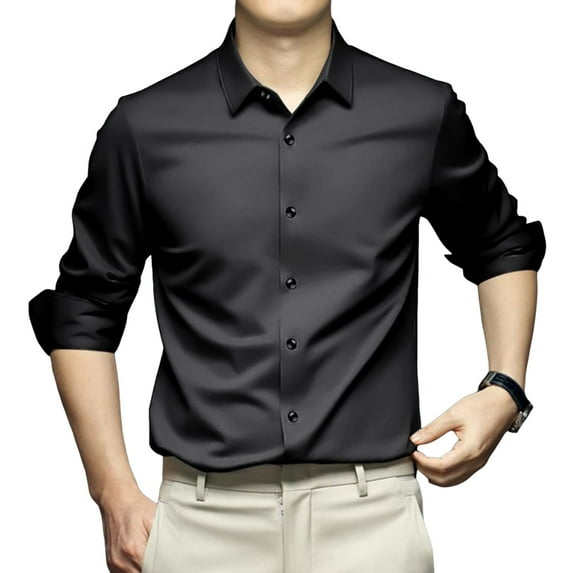 Men Long-Sleeve Shirt Lapel Tuxedo Slim Fit Solid Color Button-down Suit Shirt Breathable Business Shirt Top for Wedding Party Prom