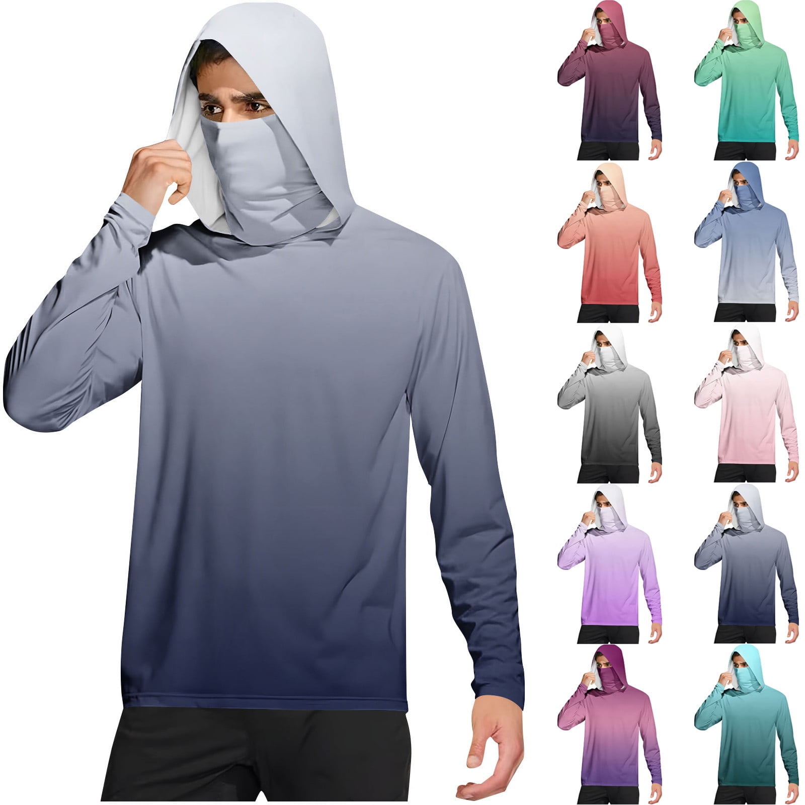 Men Long Sleeve Shirts UPF 50+ Lightweight Hoodie with Face Mask ...
