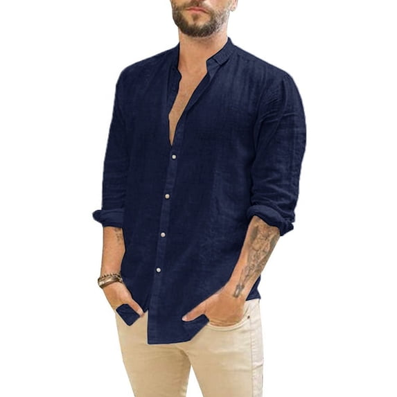 Men Long Sleeve Stand Collar Pure Color Male Blouse Tops