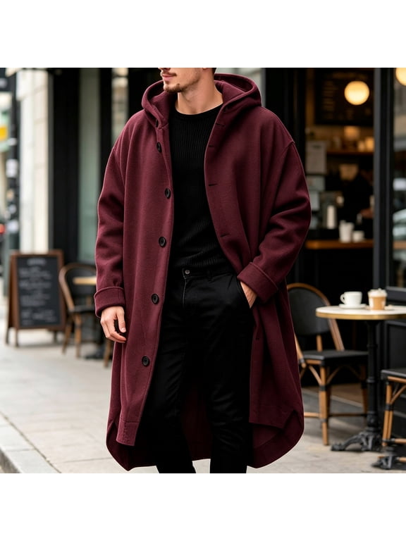 Men Long Wool Coat With Hood Single Breasted Oversized Jacket side slit hem Warm Fall Winter Casual Outerwear with Pockets