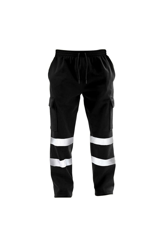 Men Long Work Pants High Visibility Reflective Tape Multi Pocket Safety Work Pants Outdoor Casual Trousers Black L