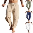 thumbnail image 1 of Men Loose Casual Drawstring Waist Cotton Linen Blend Pants, Trousers, Joggers Elastic Waist Straight Leg Breathable Lightweight Quick Dry for Beach Hiking Gym Workout Daily Wear, 1 of 7