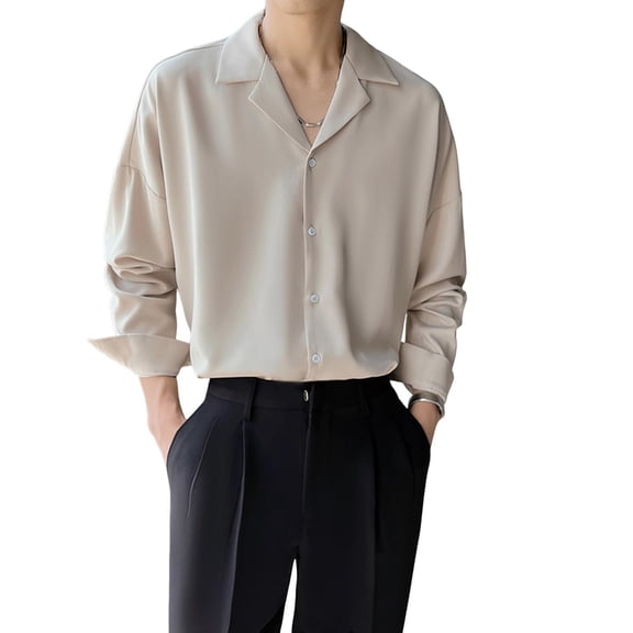 Men Loose Fit Shirt Spring Men Shirt Turn-down Collar V Neck Loose Single-beasted Solid Color Baggy Loose Soft Breathable Long Sleeves Male Charm