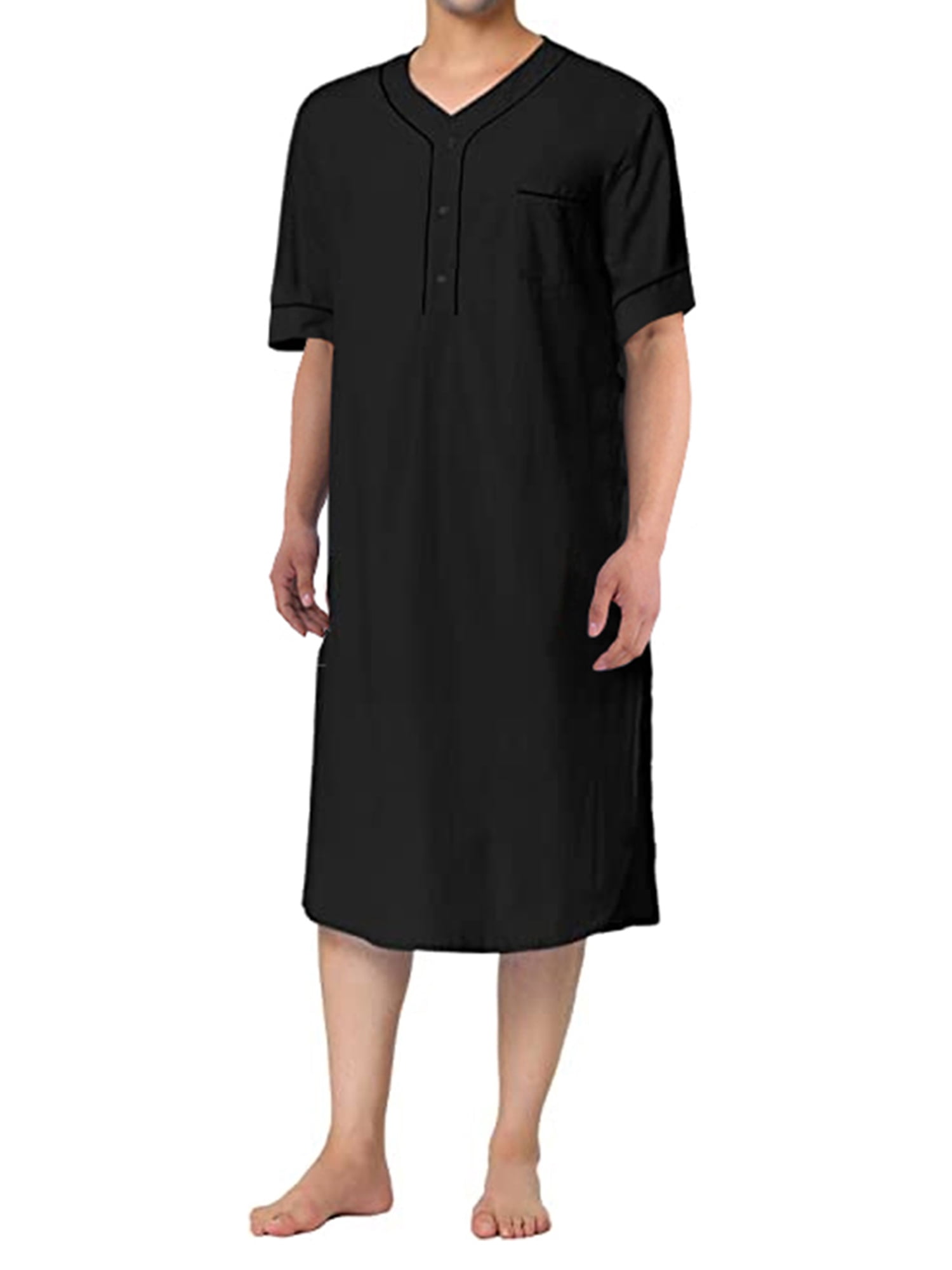 Men Loose Nightgown Short Sleeve Nightshirt Arabic Thobe with Pockets