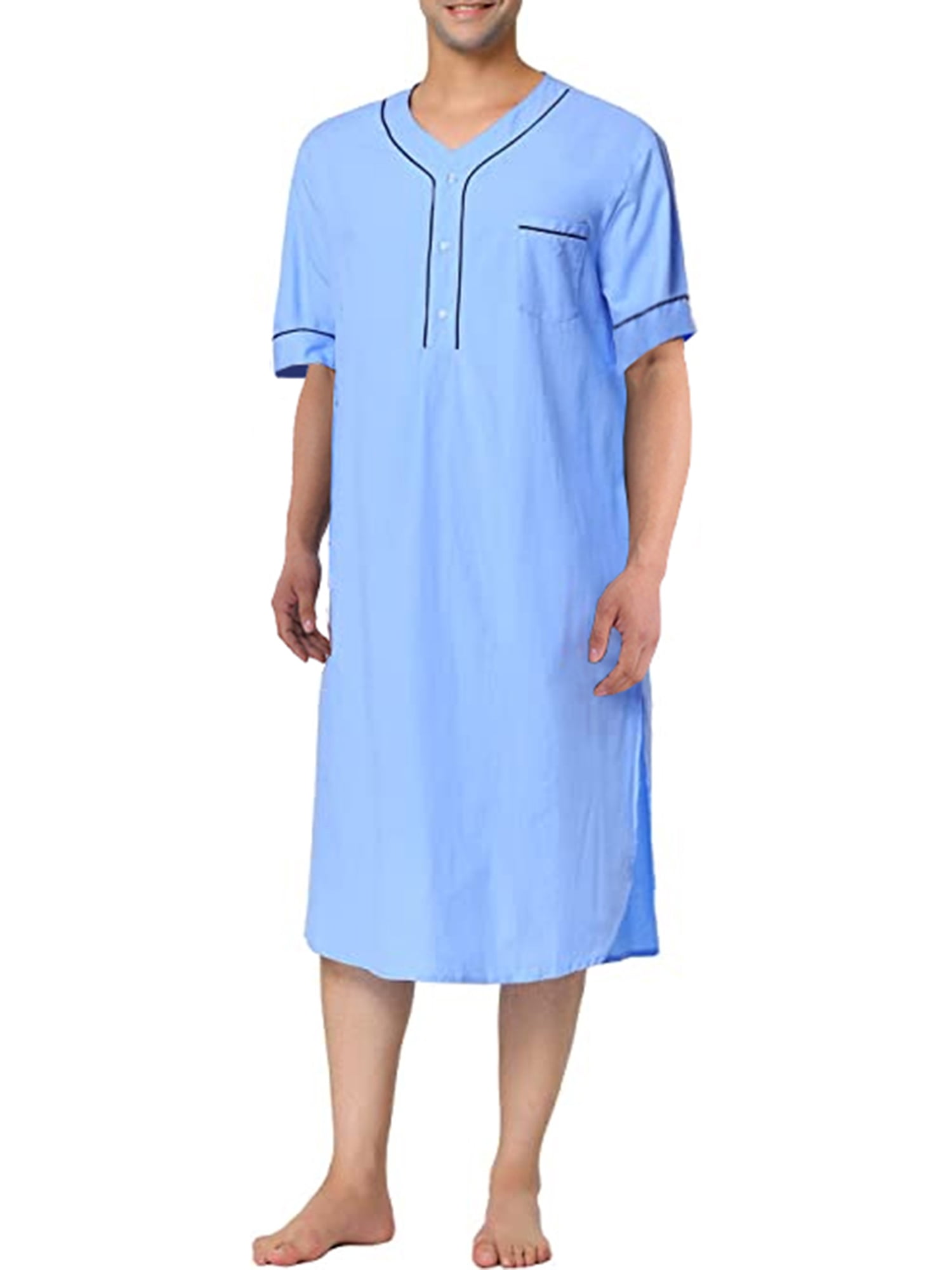 Men Loose Nightgown Solid Color Henley Short Sleeve Nightshirt Kaftan