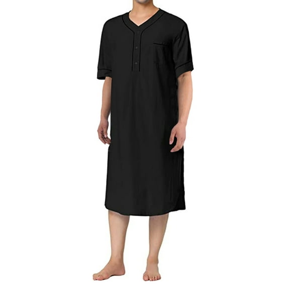Men Loose Nightgown Solid Color Henley Short Sleeve Nightshirt Kaftan Arabic Thobe with Pockets Sleepwear