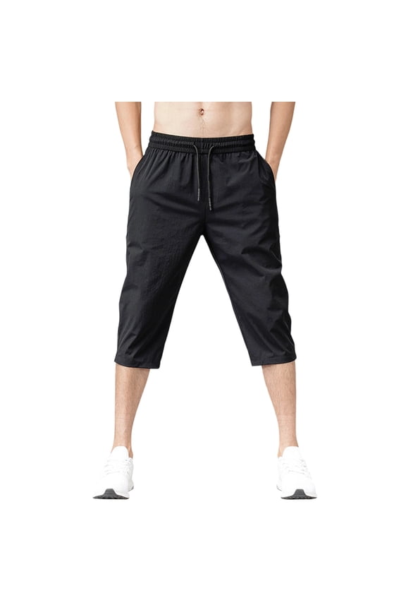 Men Loose Summer Quick Dry Cool Capri Pants Straight Leg Slacks Long Beach Shorts Sports Big and Tall Size M-5XL Black