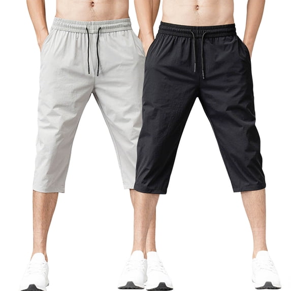 Men Loose Summer Quick Dry Cool Capri Pants Straight Leg Slacks Long Beach Shorts Sports Big and Tall Size M-5XL Gray