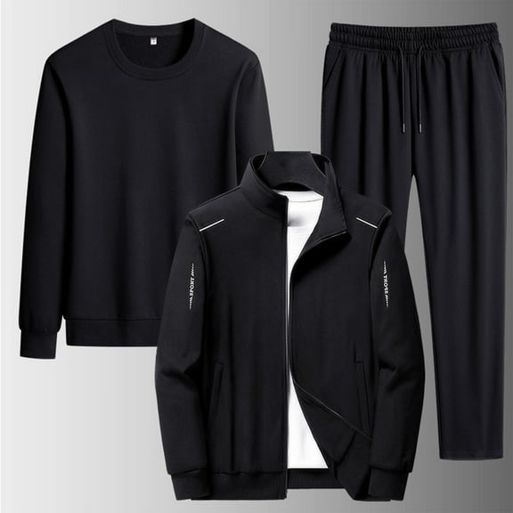 Men Lounge Sweatshirts Casaul Sweatsuits 3 Piece Outfits Crewneck Baggy Tops & Full Zip Collared Fashion Jacket with Pockets & Drawstring Elastic Waist Sweatpants Jaggers Sport Clothing