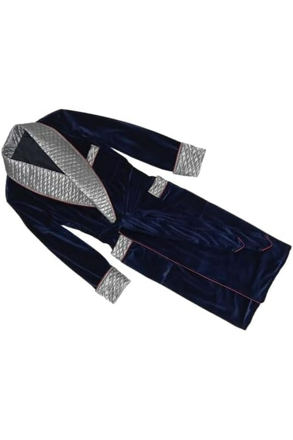 Men Luxuri Robe Blue Dinner Long Smoking Jacket Quilted Cigar Vintage Robe 