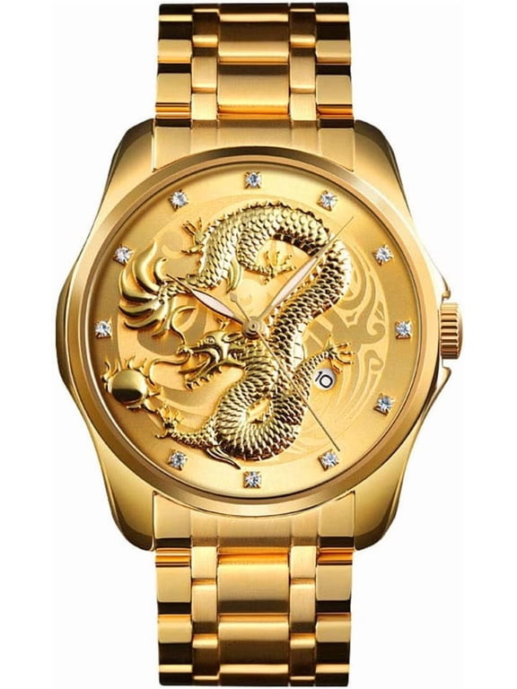 Men Luxury Gold Chinese Dragon Carved Dial Diamond Quartz Watch Casual Waterproof Sport Stainless Steel Wristwatch