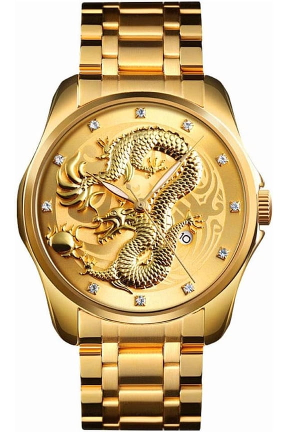 Men Luxury Gold Chinese Dragon Carved Dial Diamond Quartz Watch Casual Waterproof Sport Stainless Steel Wristwatch