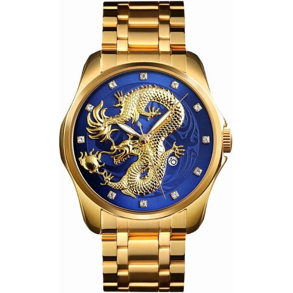Men Luxury Gold Chinese Dragon Carved Dial Diamond Quartz Watch Casual Waterproof Sport Stainless Steel Wristwatch