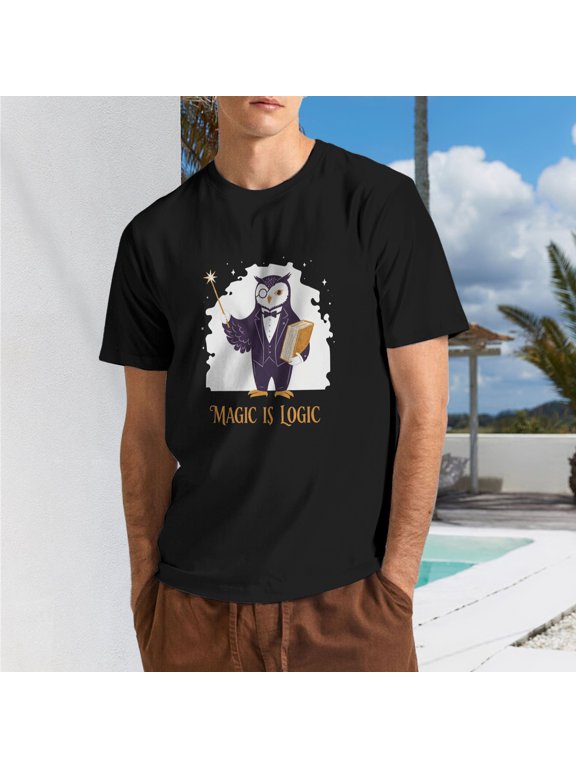 Men Magician Owl Wand Book Fantasy Graphic Crew Neck T-Shirt, Magic Is Logic Wizard Poly Cotton Casual Short Sleeve Tee