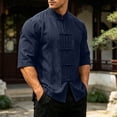 thumbnail image 1 of Men Mandarin Collar Frog Button Linen Button Up Shirt, 3/4 Sleeve Loose Casual Top with Pockets for Summer Vacation Daily Wear Navy M, 1 of 9