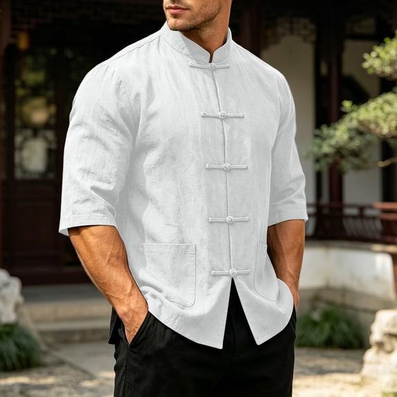 Men Mandarin Collar Frog Button Linen Button Up Shirt, 3/4 Sleeve Loose Casual Top with Pockets for Summer Vacation Daily Wear White 3XL