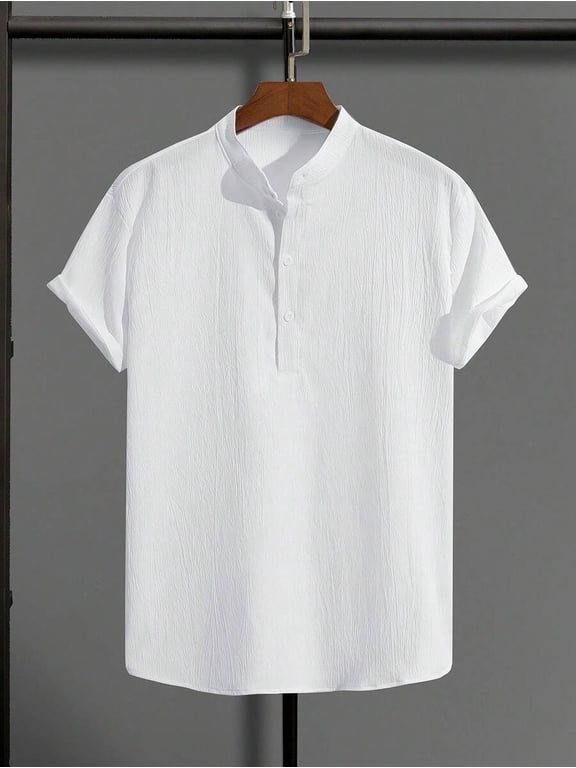 Men Mandarin Collar Shirt Short Sleeve Half Button Textured Slim Fit Curved Hem Casual Workwear