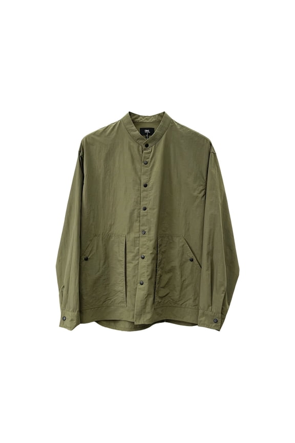 Men Mandarin Stand Collar Loose Thin Jacket, Light Micro Wrinkle Quick Dry Breathable Long Sleeve Snap Button Outdoor Utility Shacket Jacket with Big Pockets Army Green