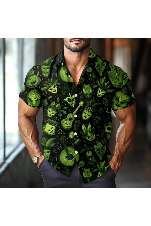 Men Mardi Gras Button Up Shirts Short Sleeve Mask Pattern Carnival Themed Holiday Shirt