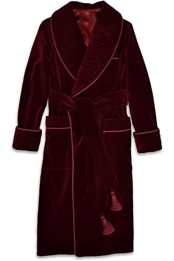 Men Maroon Velvet Smoking Robe Men Velvet Home Wear Long Gown Smoking Jacket Coats