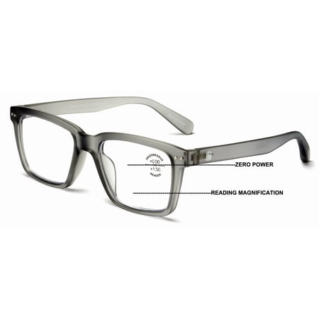 Men Matte Bold Progressive Reading Glasses - Clear Zero Power On Top - No Bubble or Line Reader -AR +2.00