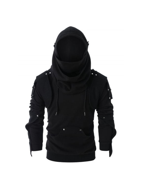 Men Medieval Knight Hoodie with Face Mask Armor Sweatshirt Pullover Hooded Jacket Coat Button Decorative Costume Big and Tall Size S-3XL Black