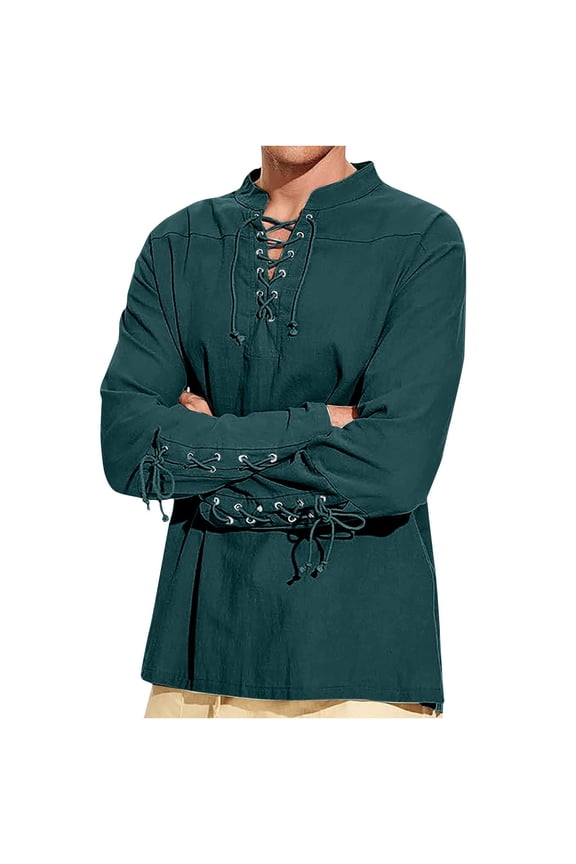 Men Medieval Pirate Shirt Renaissance Viking Steampunk Linen Long Sleeve Lace Up Halloween Costume Retro Mercenary Tops