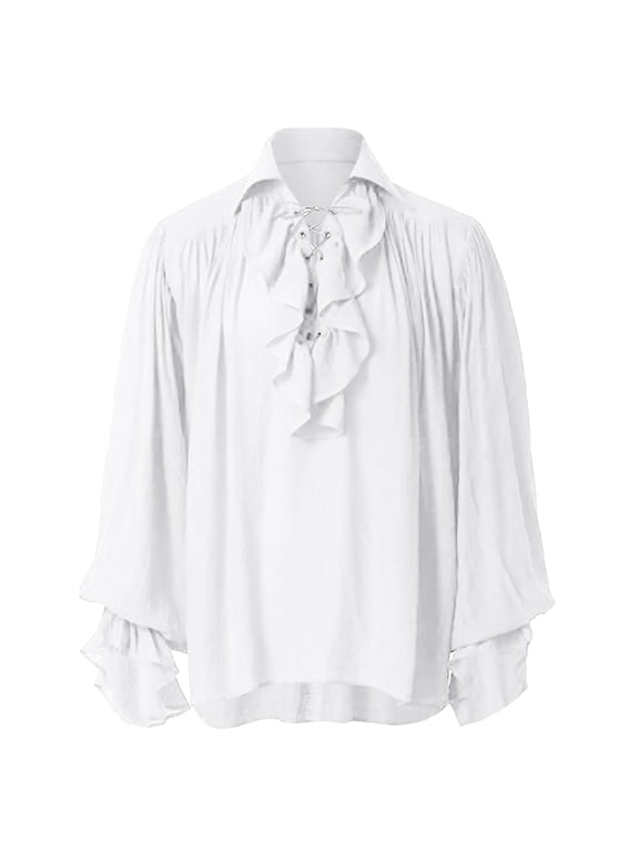 Men Medieval Renaissance Lace Up Ruffle Shirt Linen Blend Gothic Steampunk Long Sleeve Blouse Pirate Vampire Halloween Party Cosplay Costume Top White 3XL