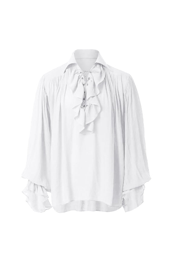 Men Medieval Renaissance Lace Up Ruffle Shirt Linen Blend Gothic Steampunk Long Sleeve Blouse Pirate Vampire Halloween Party Cosplay Costume Top White 4XL