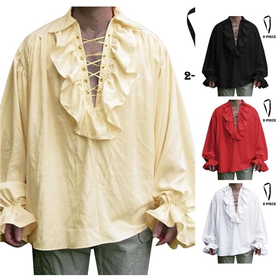 Men Medieval Shirt Long Sleeve Pirate Shirt with Belt Two Piece Set Halloween Cosplay Mens Halloween Costume, Size 3XL