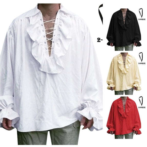 Men Medieval Shirt Long Sleeve Pirate Shirt with Belt Two Piece Set Halloween Cosplay Mens Halloween Costume, Size L