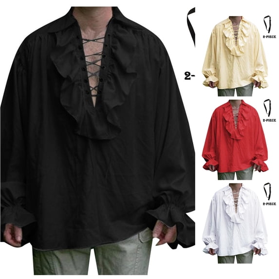 Men Medieval Shirt Long Sleeve Pirate Shirt with Belt Two Piece Set Halloween Cosplay Mens Halloween Costume, Size XL